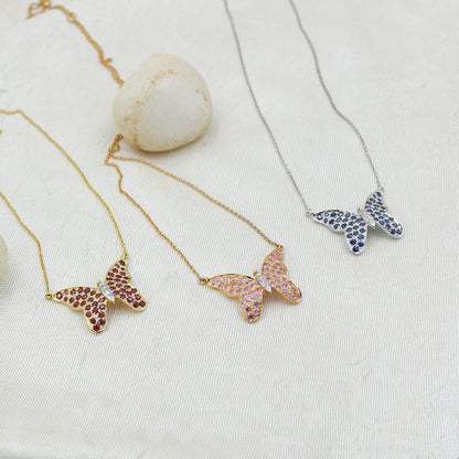 Pink Sapphire & Diamond Butterfly Pendant in Gold