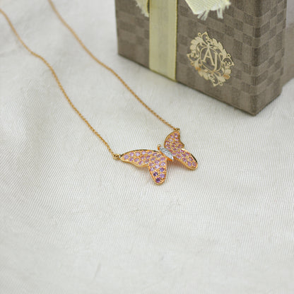 Pink Sapphire & Diamond Butterfly Pendant in Gold