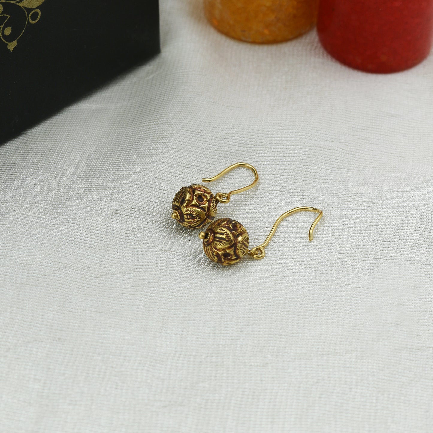 Antiqued Yellow Gold Spherical Drop Earrings