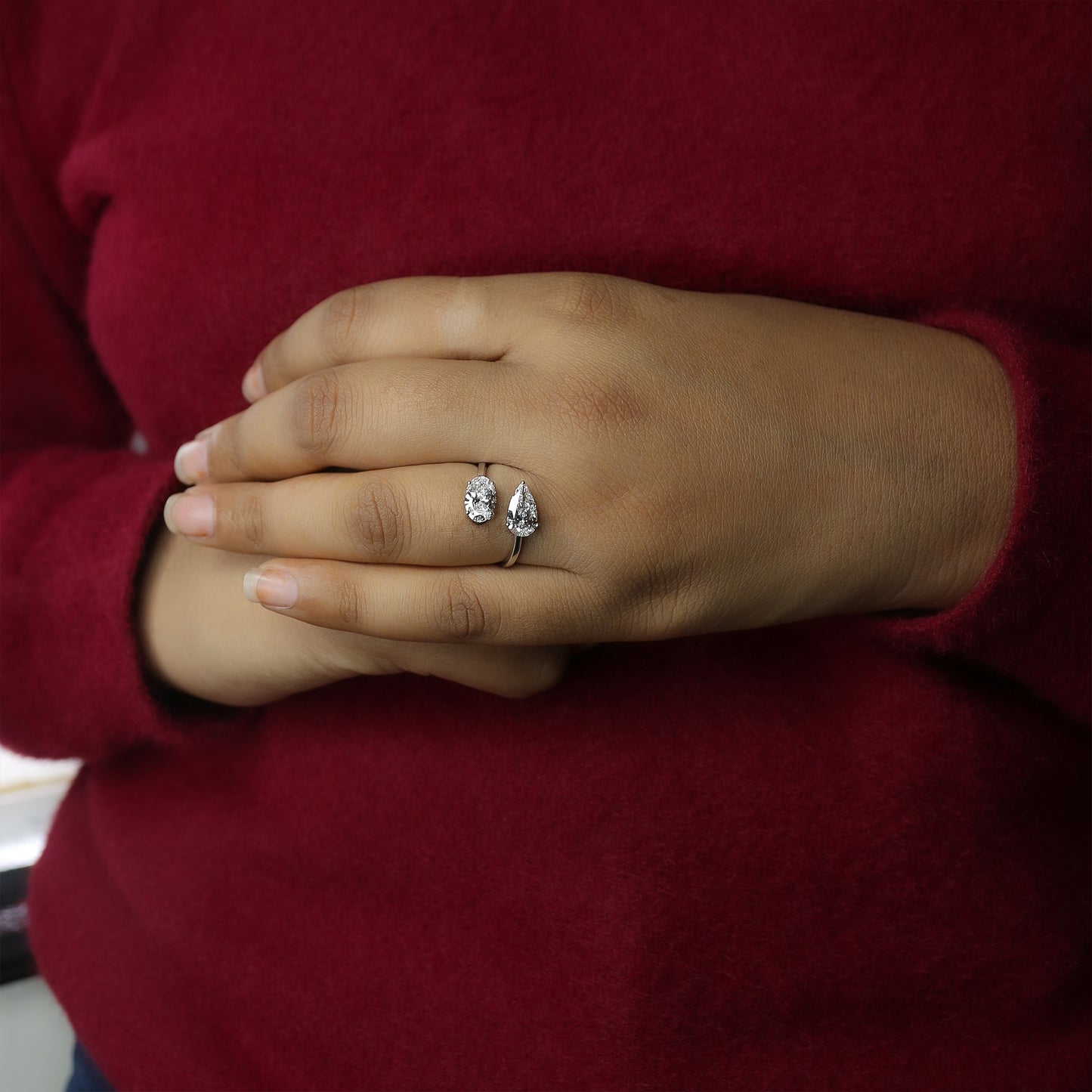 White Gold Toi et Moi Pear and Oval Diamond Bypass Ring
