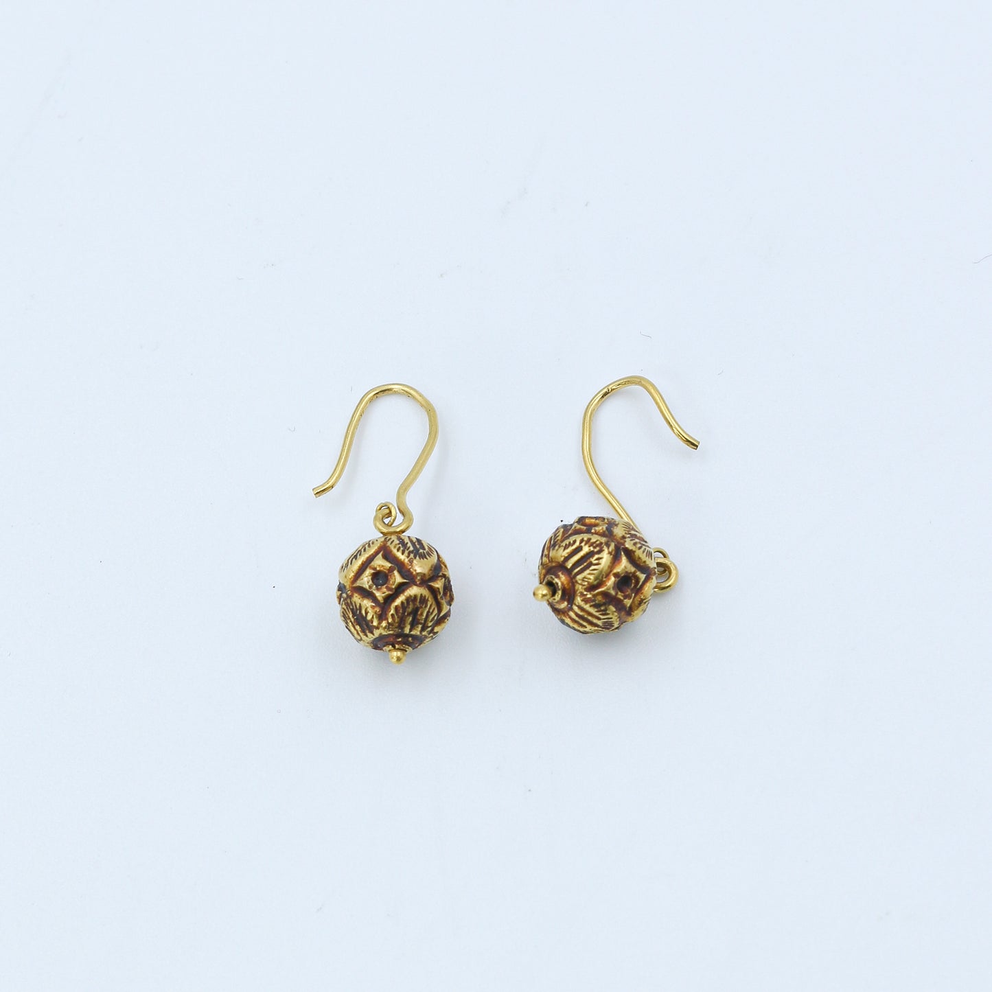 Antiqued Yellow Gold Spherical Drop Earrings