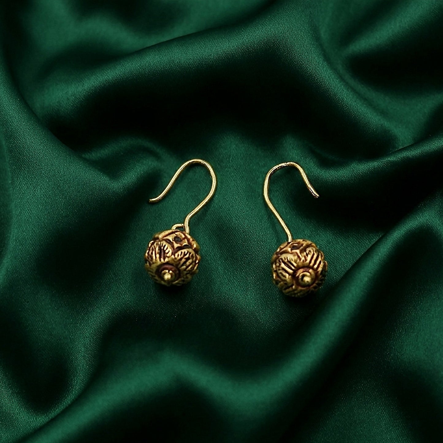 Antiqued Yellow Gold Spherical Drop Earrings