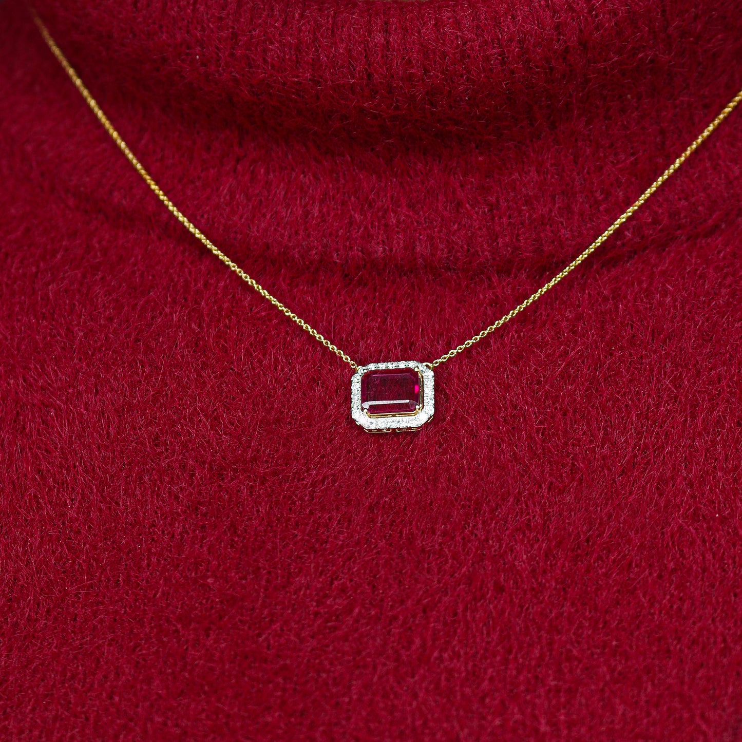 Yellow Gold Tourmaline and Diamond Halo Pendant with Chain