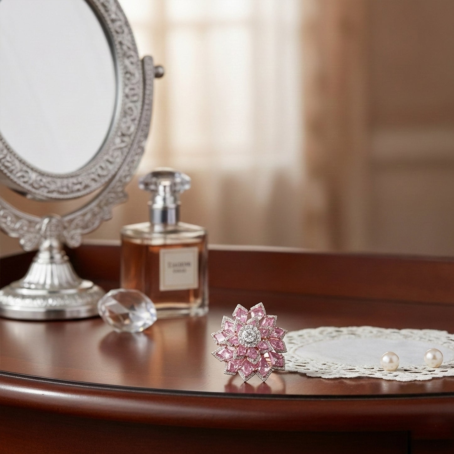 Pink Colorstone & Diamond Floral Statement Ring