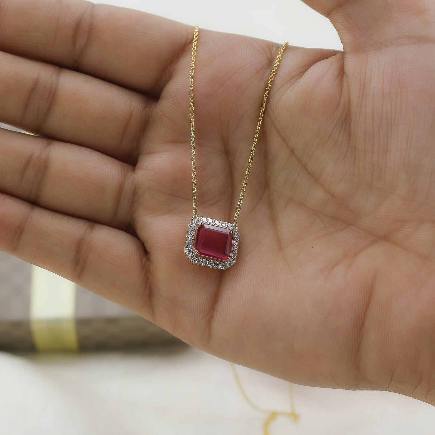 Yellow Gold Tourmaline and Diamond Halo Pendant with Chain