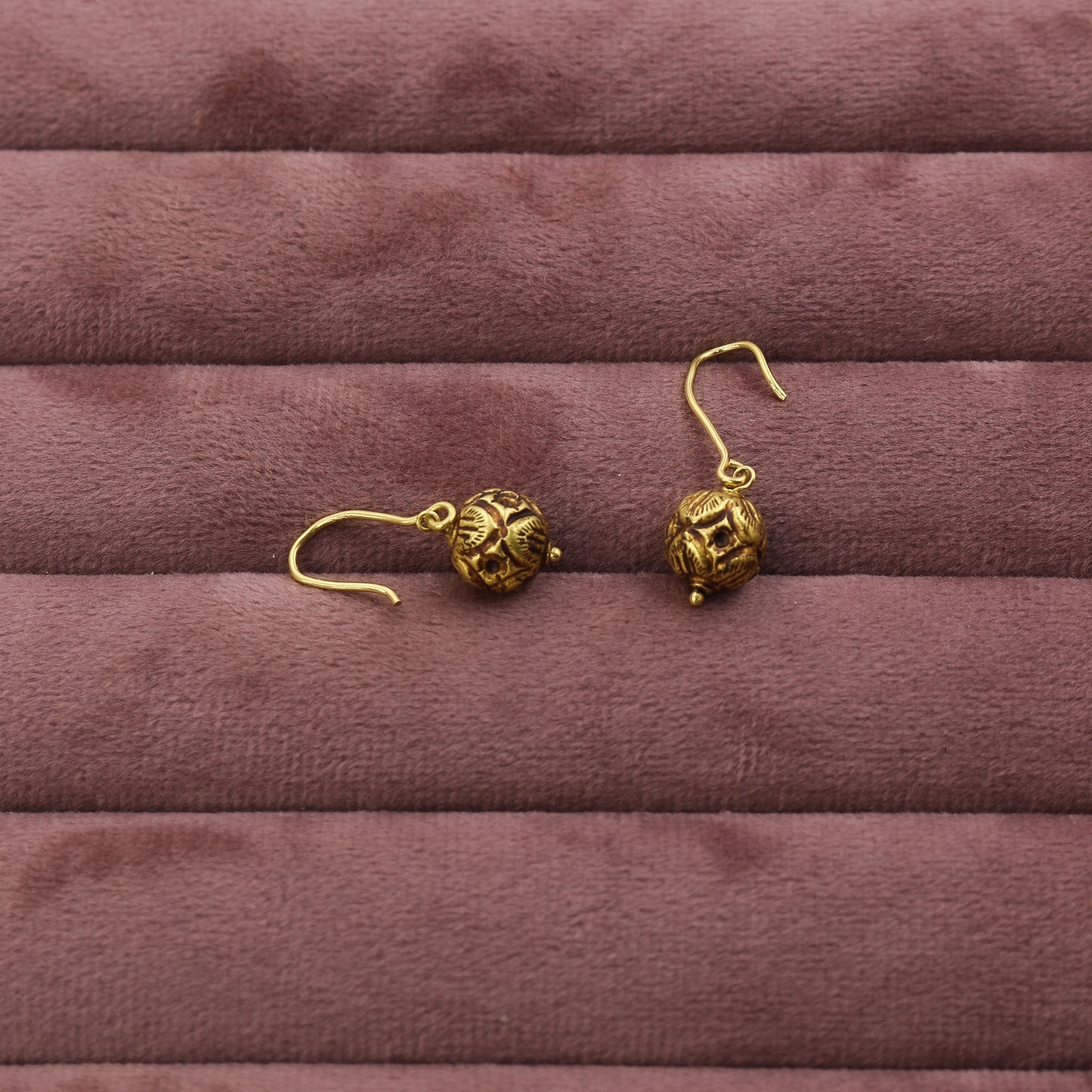 Antiqued Yellow Gold Spherical Drop Earrings