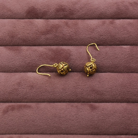 Antiqued Yellow Gold Spherical Drop Earrings - Anirudh Jewels