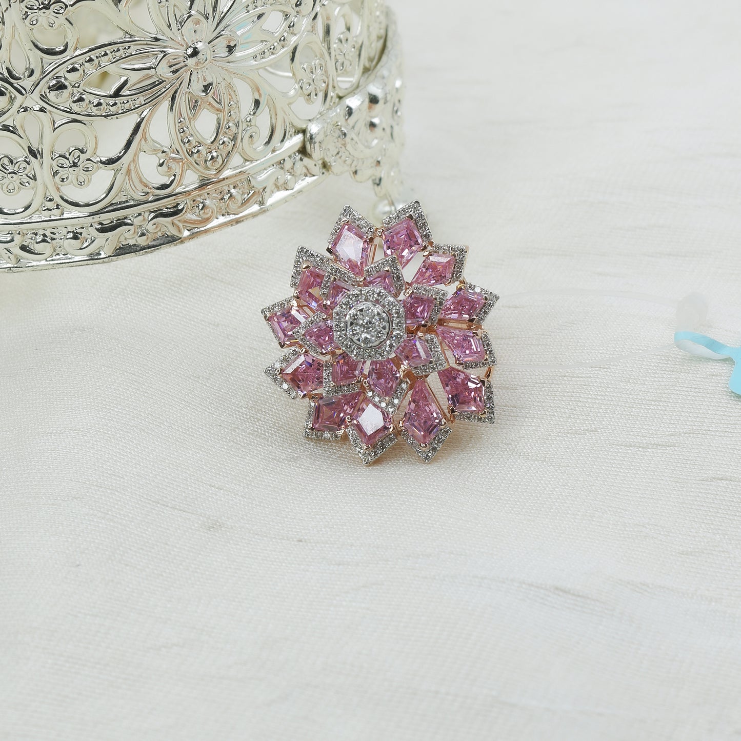 Pink Colorstone & Diamond Floral Statement Ring
