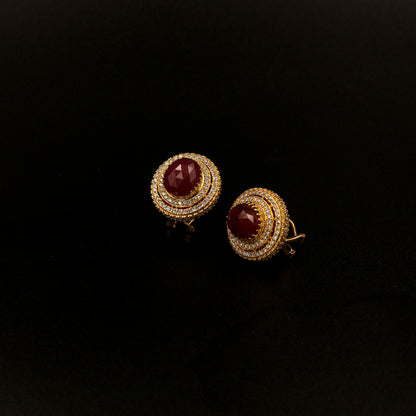 Yellow Gold Cabochon Ruby and Diamond Halo Earrings