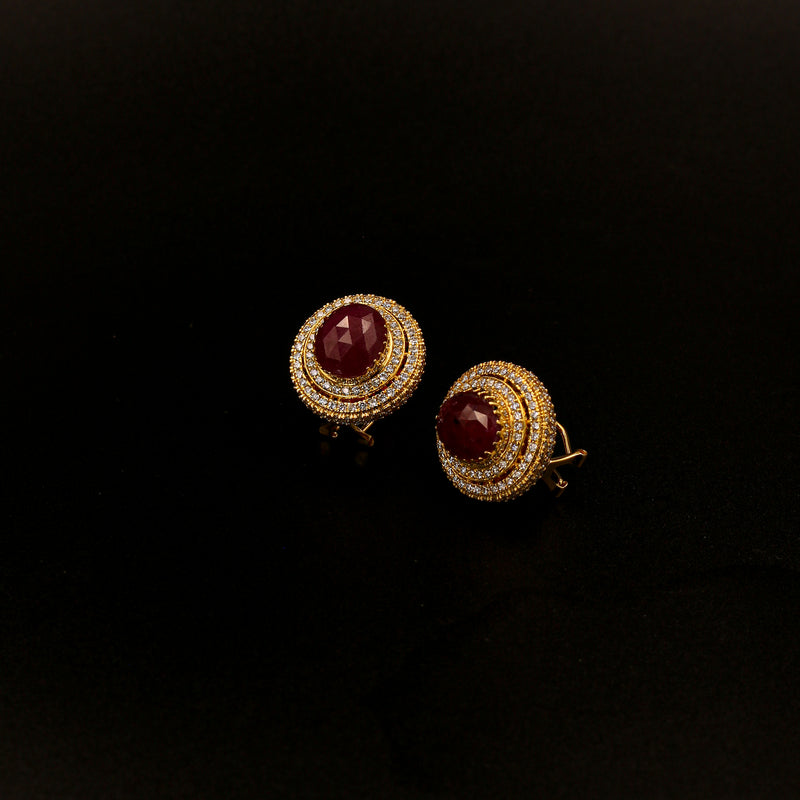 Yellow Gold Cabochon Ruby and Diamond Halo Earrings