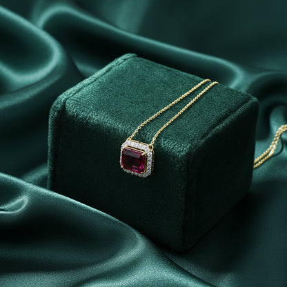 Yellow Gold Tourmaline and Diamond Halo Pendant with Chain