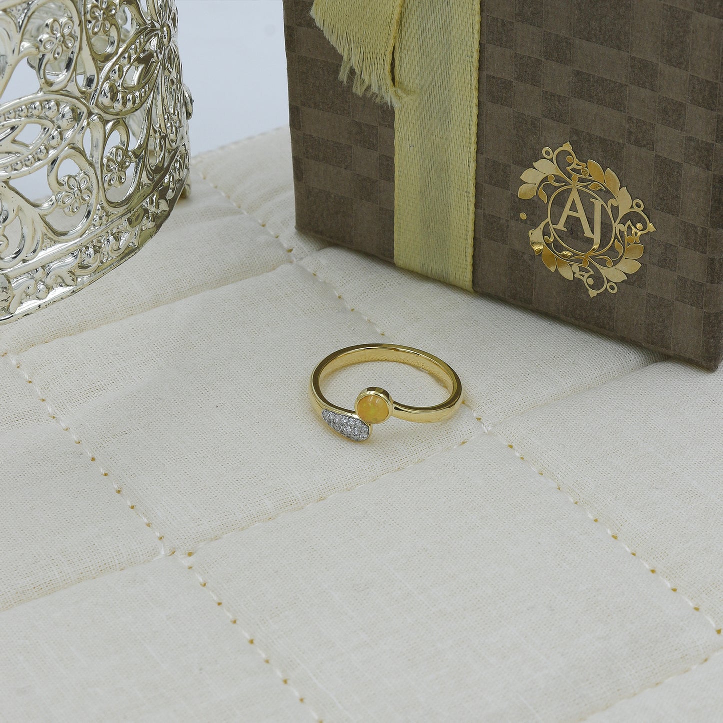 Yellow Gold Opal and Diamond Bypass Ring