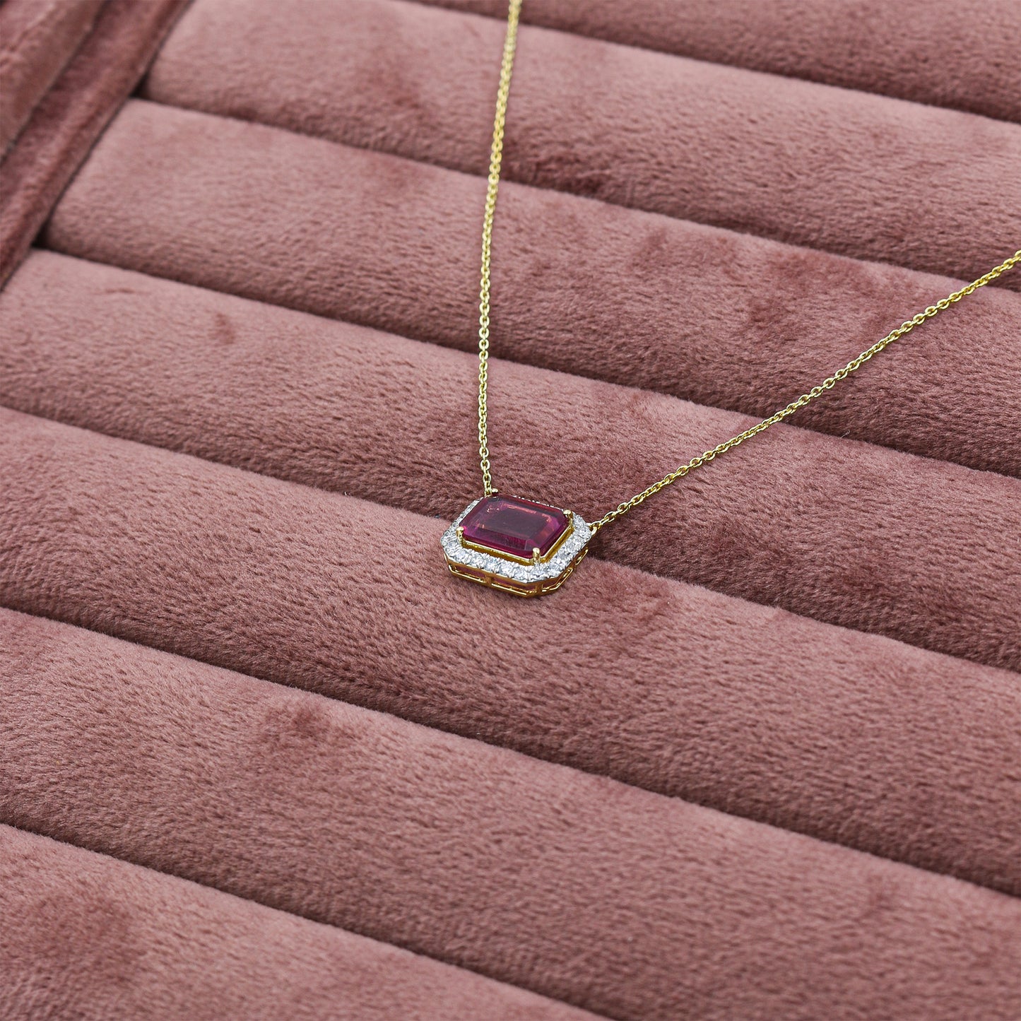 Yellow Gold Tourmaline and Diamond Halo Pendant with Chain