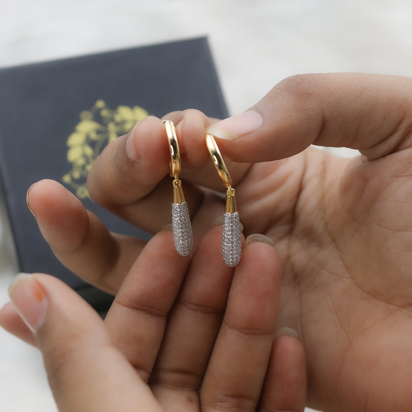 Yellow Gold Diamond Pave Tapered Drop Earrings