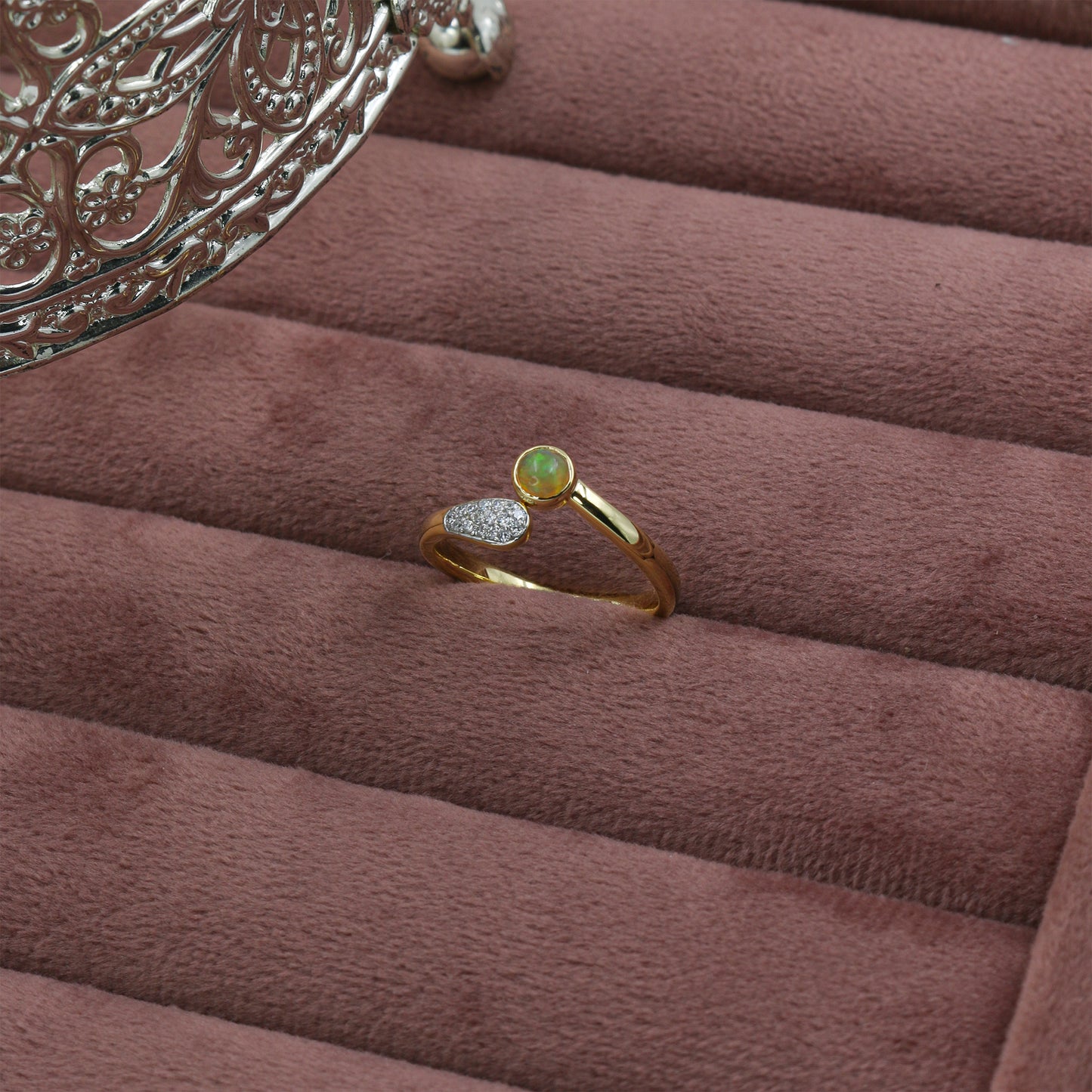 Yellow Gold Opal and Diamond Bypass Ring