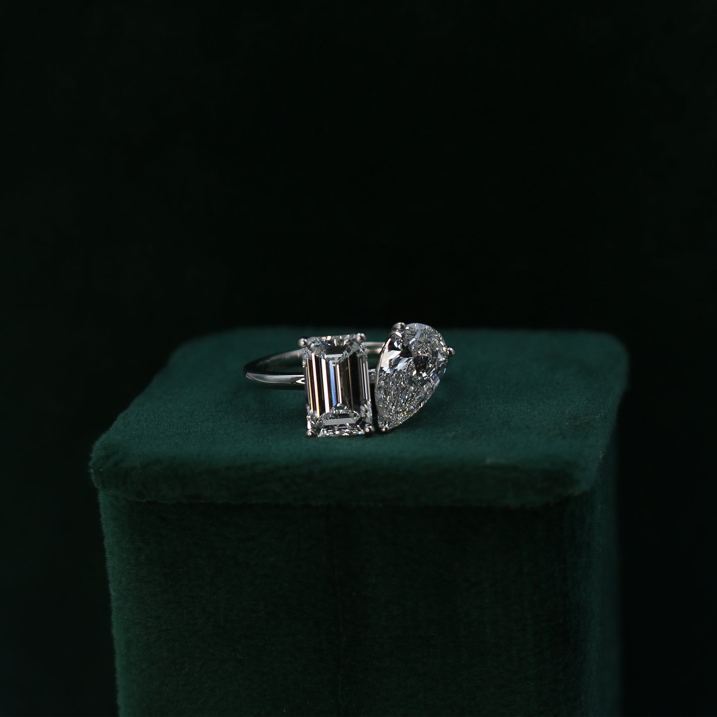 White Gold Emerald and Pear Toi et Moi Diamond Ring