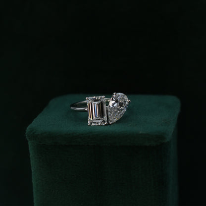 White Gold Emerald and Pear Toi et Moi Diamond Ring