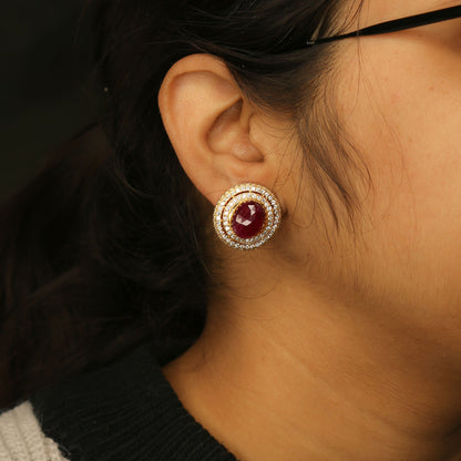 Yellow Gold Cabochon Ruby and Diamond Halo Earrings
