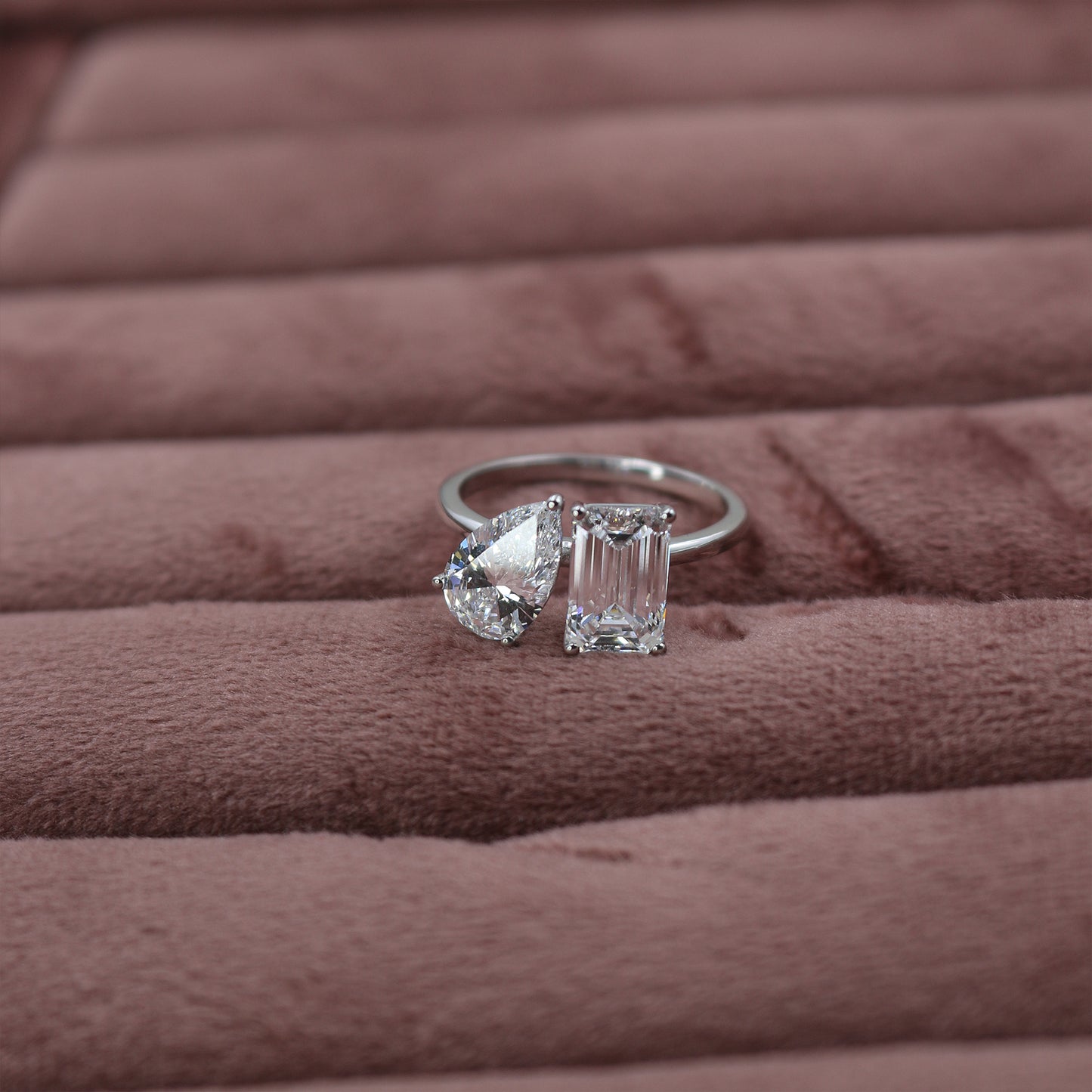 White Gold Emerald and Pear Toi et Moi Diamond Ring