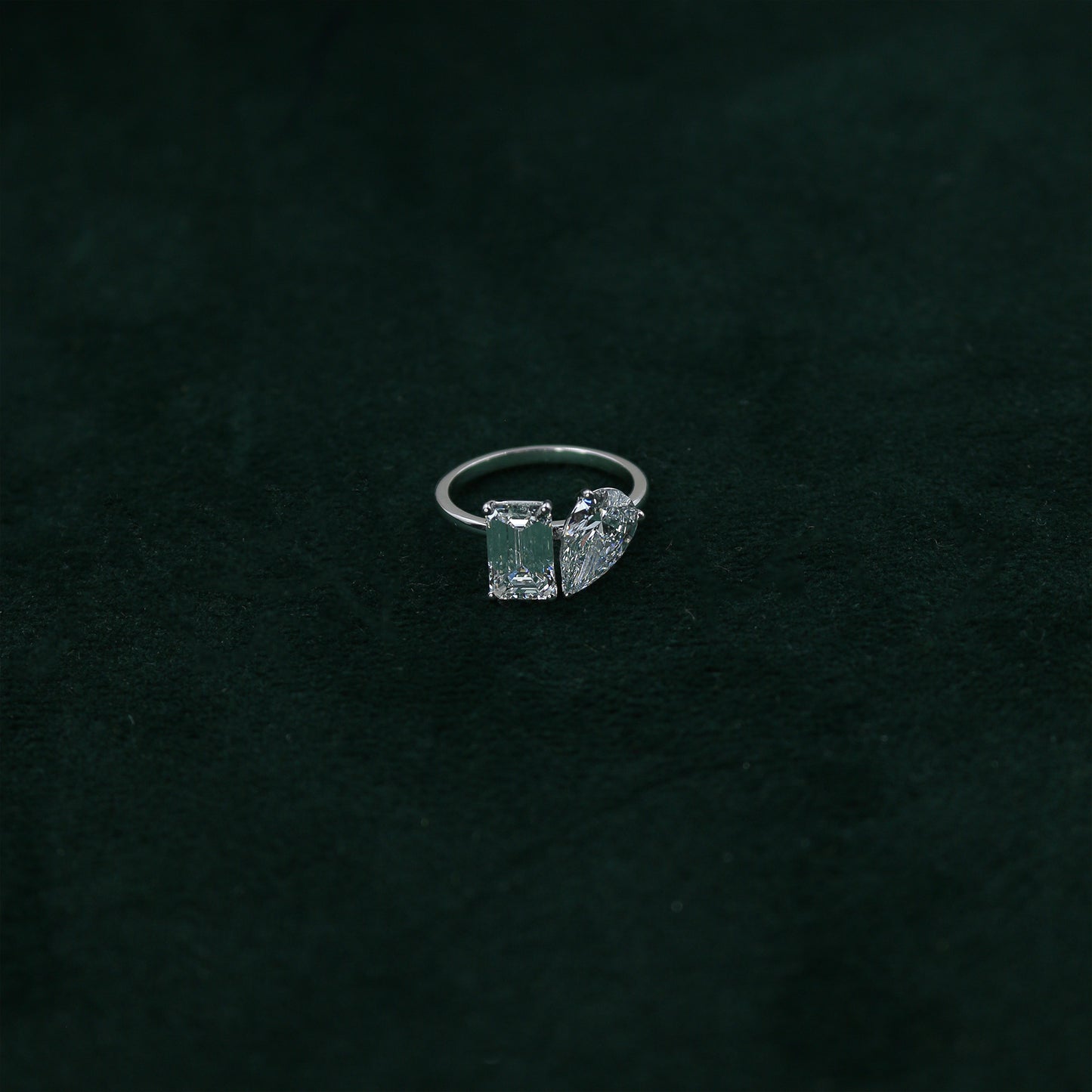 White Gold Emerald and Pear Toi et Moi Diamond Ring