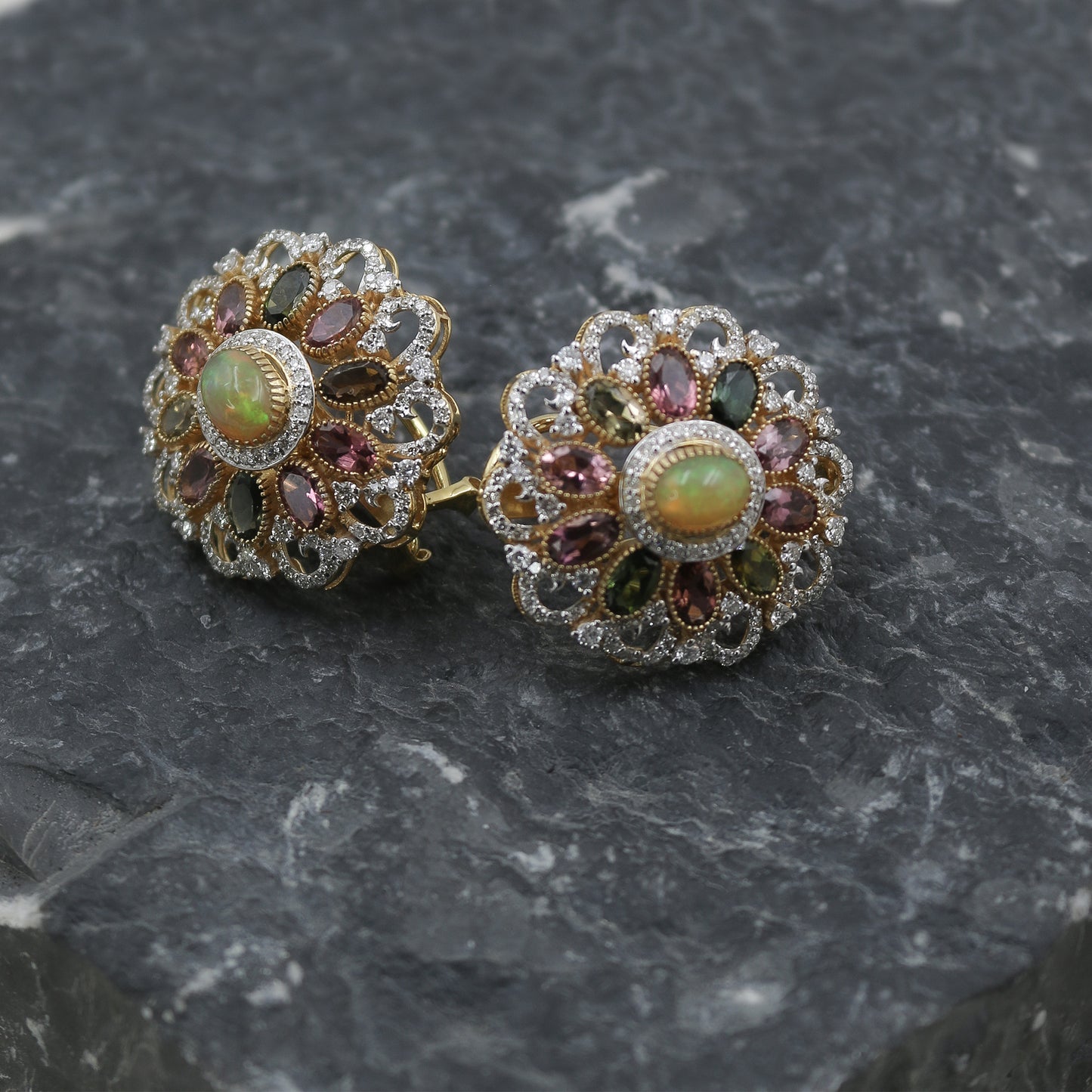 Tourmaline, Opal & Diamond Cluster Earrings