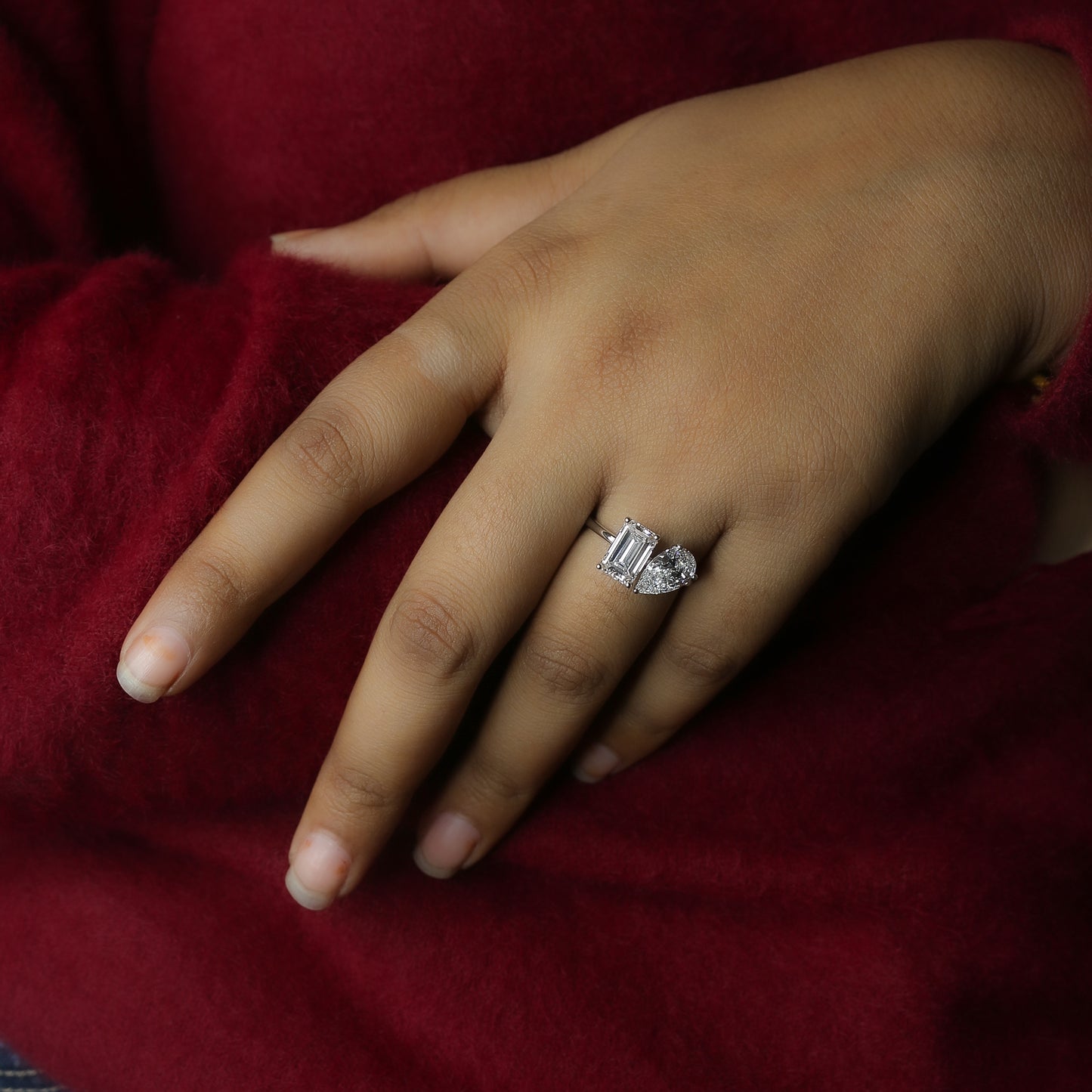 White Gold Emerald and Pear Toi et Moi Diamond Ring