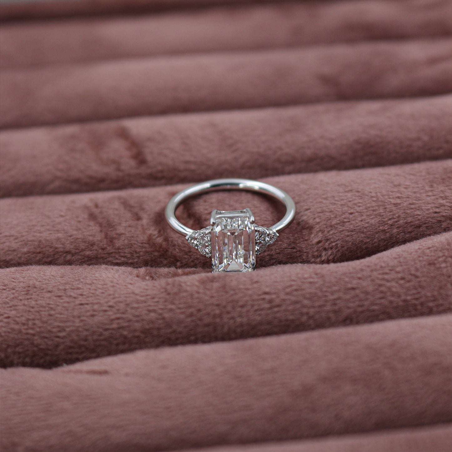 White Gold Emerald Cut Solitaire Diamond Ring with Side Accents