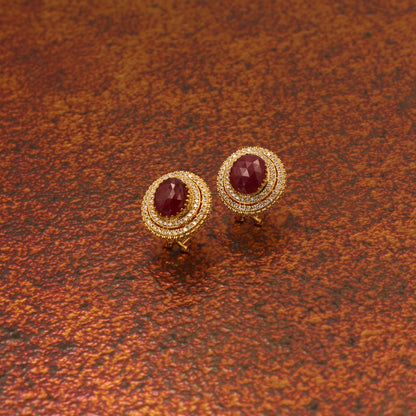 Yellow Gold Cabochon Ruby and Diamond Halo Earrings
