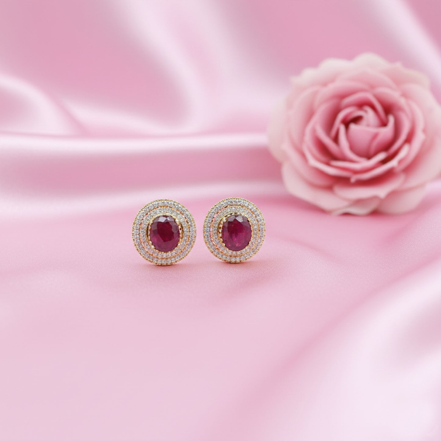 Yellow Gold Cabochon Ruby and Diamond Halo Earrings
