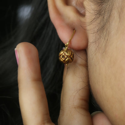 Antiqued Yellow Gold Spherical Drop Earrings