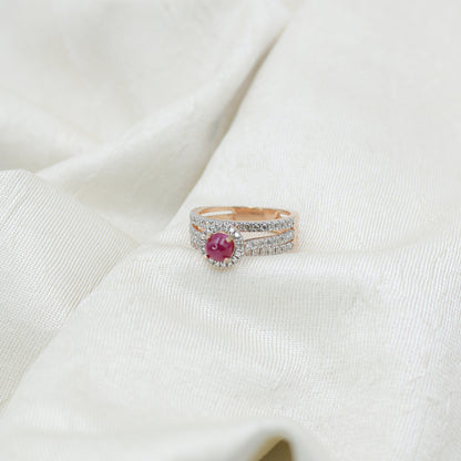 Rose Gold Cabochon Ruby and Diamond Split Shank Ring