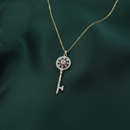 Yellow Gold Pave Diamond Long Key Pendant with Chain