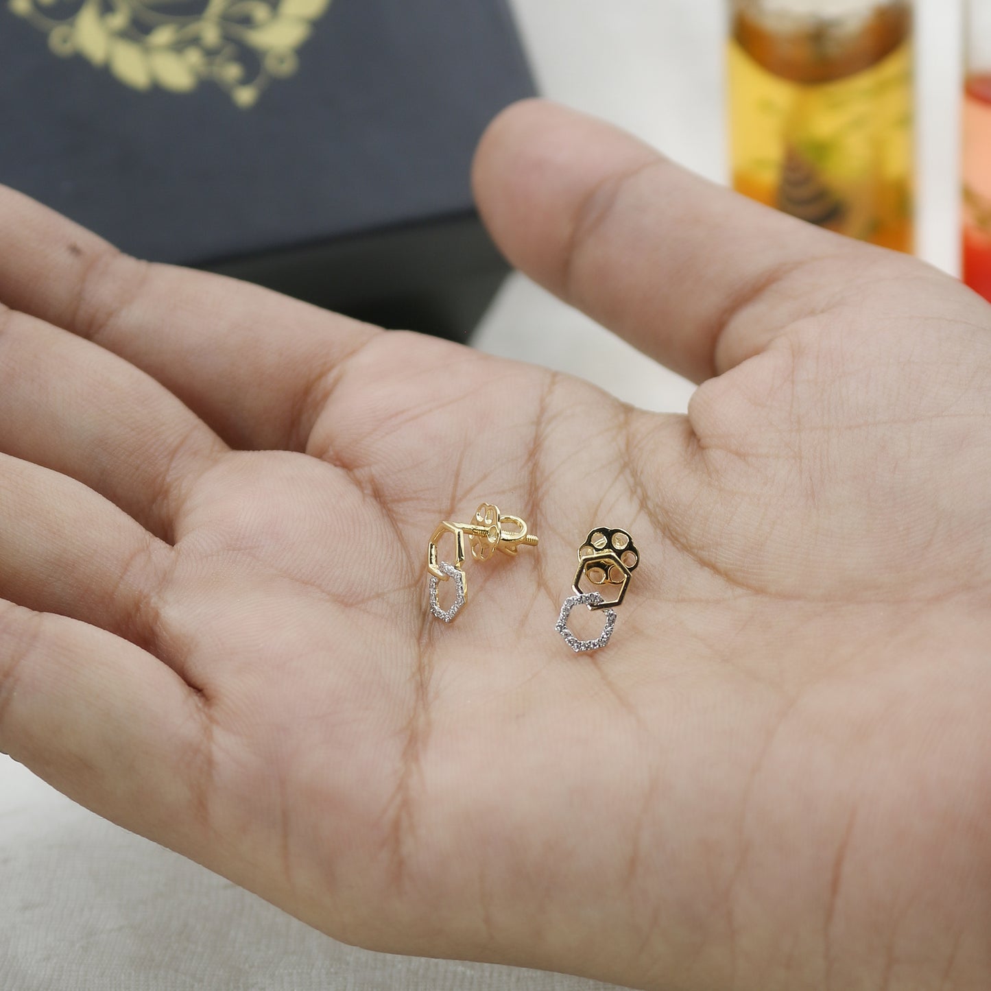 Yellow Gold Interlocking Hexagon Diamond Stud Earrings