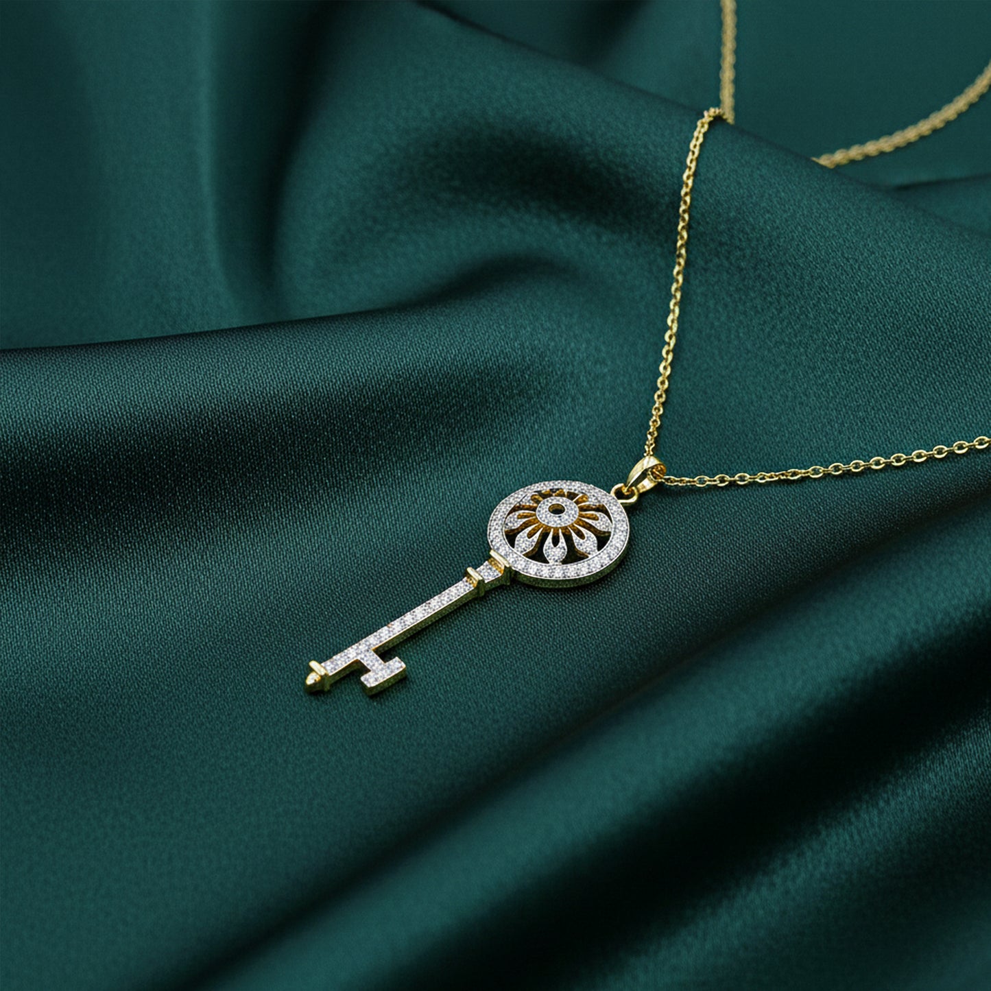 Yellow Gold Pave Diamond Long Key Pendant with Chain