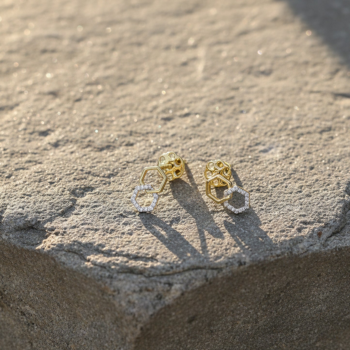 Yellow Gold Interlocking Hexagon Diamond Stud Earrings