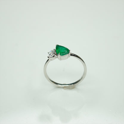 Pear Shape Emerald and Round Diamond Two-Stone Bypass Ring in 14K White Gold