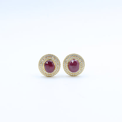 Yellow Gold Cabochon Ruby and Diamond Halo Earrings
