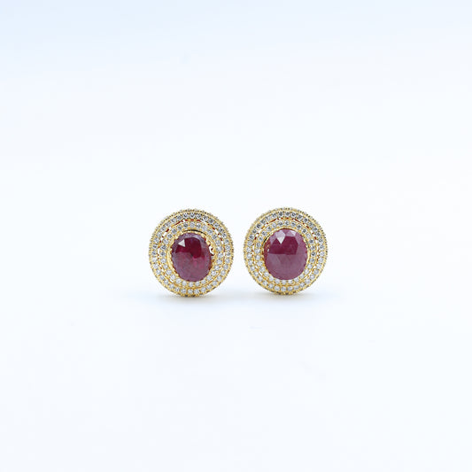Yellow Gold Cabochon Ruby and Diamond Halo Earrings