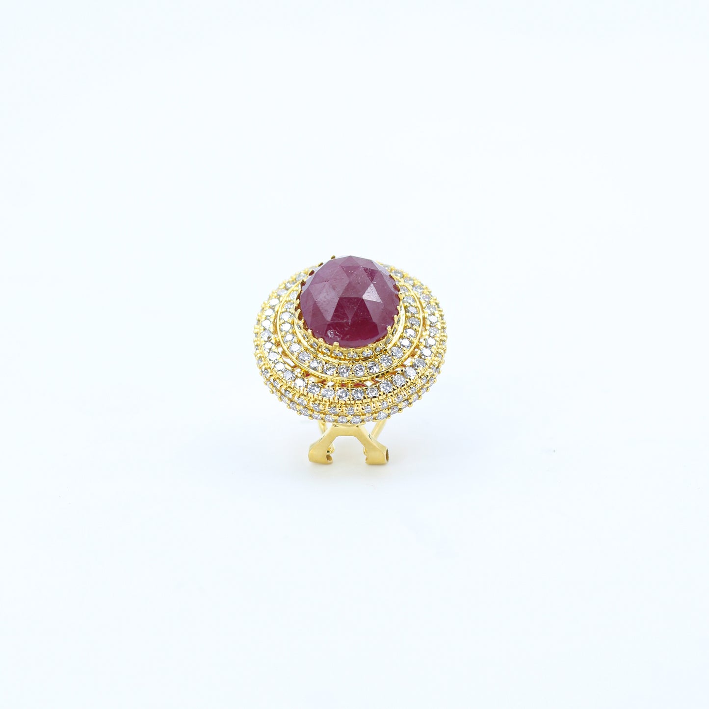 Yellow Gold Cabochon Ruby and Diamond Halo Earrings
