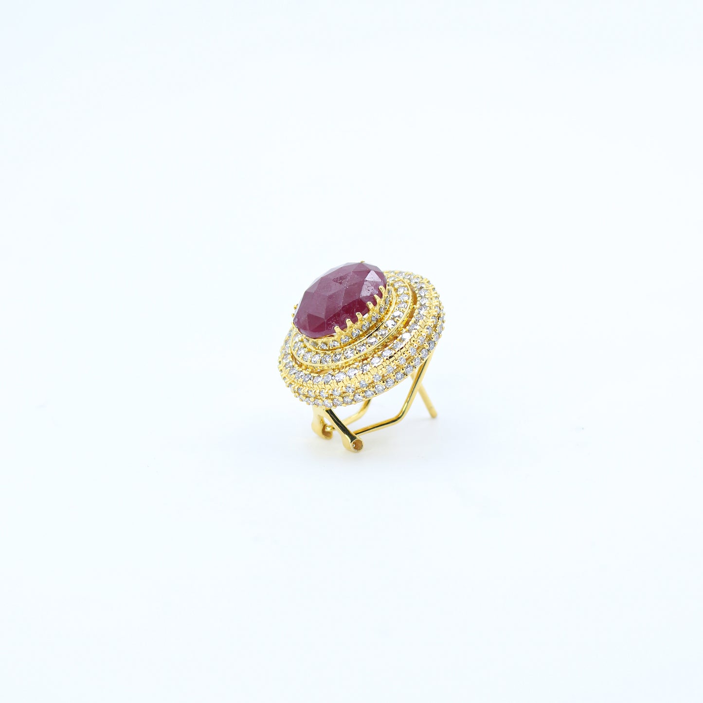 Yellow Gold Cabochon Ruby and Diamond Halo Earrings