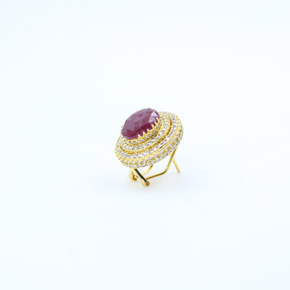 Yellow Gold Cabochon Ruby and Diamond Halo Earrings