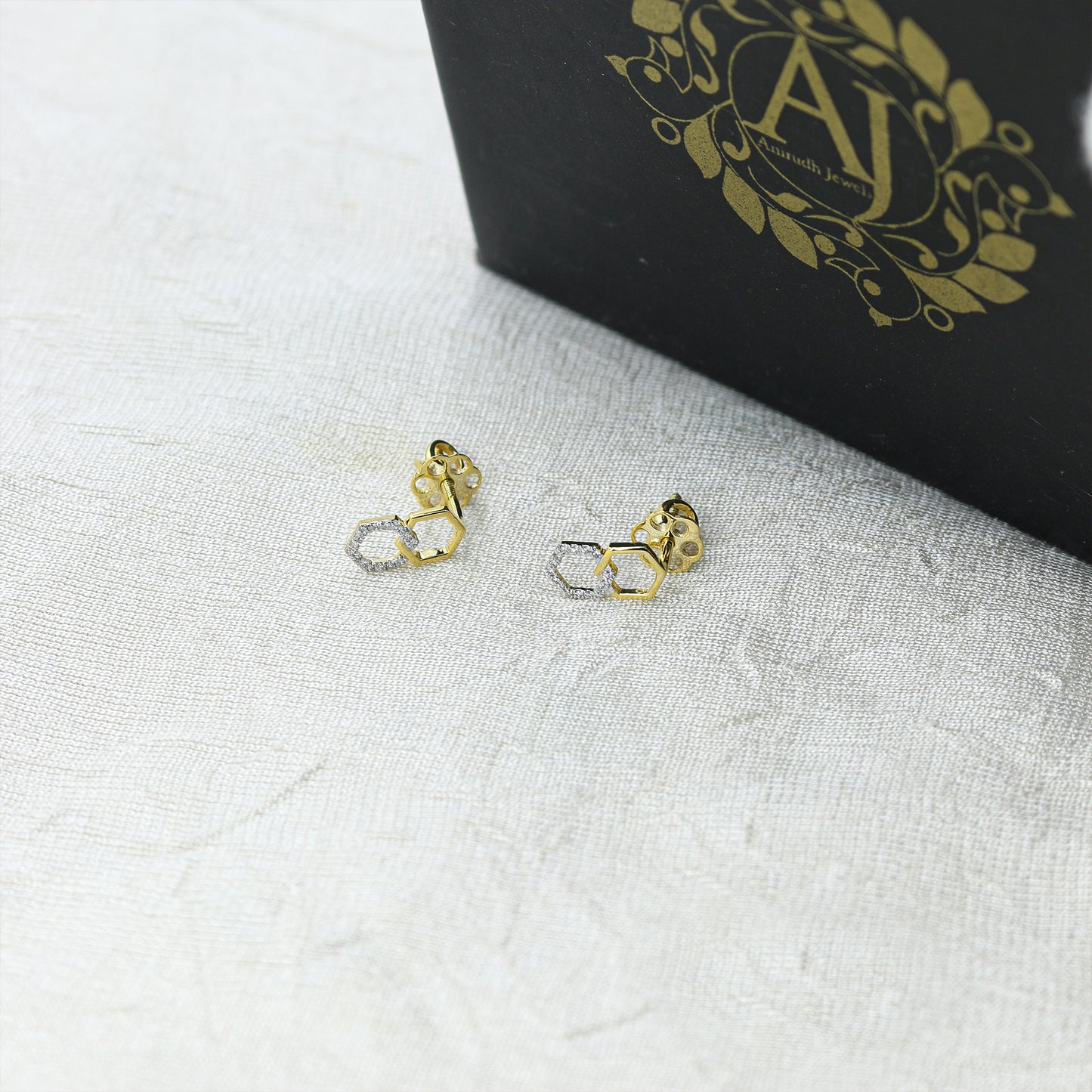Yellow Gold Interlocking Hexagon Diamond Stud Earrings