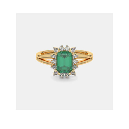 Gold Emerald-Cut Green Diamond Halo Stone Ring