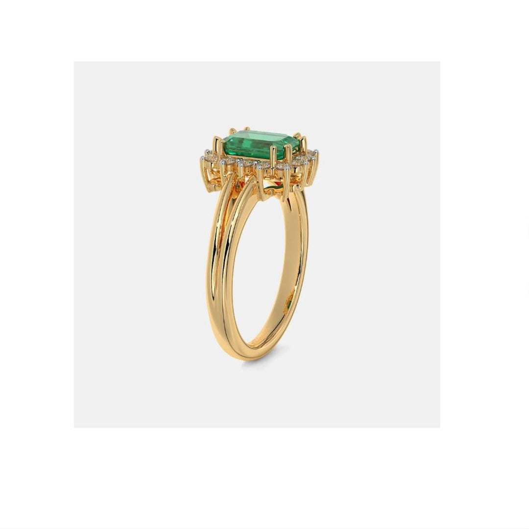Gold Emerald-Cut Green Diamond Halo Stone Ring