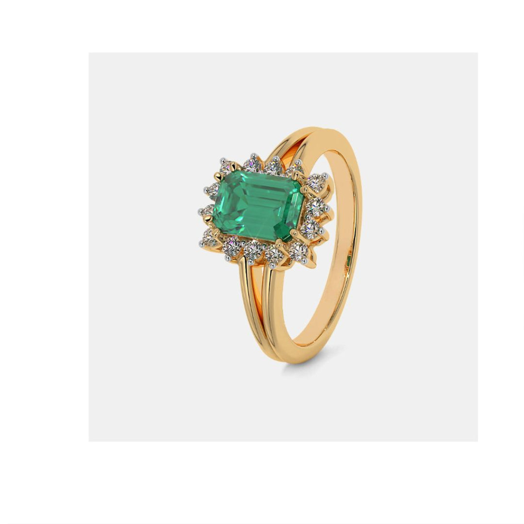 Gold Emerald-Cut Green Diamond Halo Stone Ring