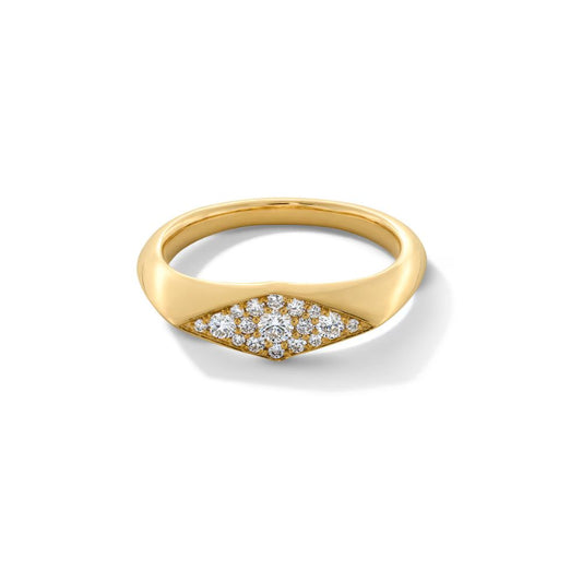Gold ring with embedded diamonds on a white background
