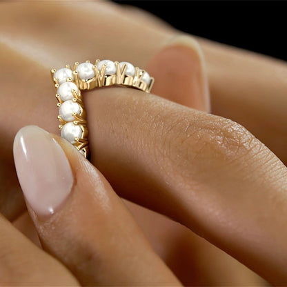 Prong Setting Gold Pearl Curve Eternity Band Ring