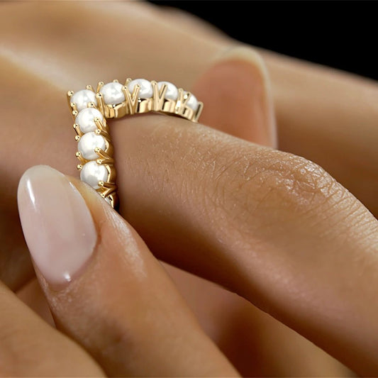 Prong Setting Gold Pearl Curve Eternity Band Ring