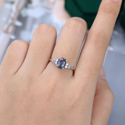 Gold Alexandrite, Blue Topaz, and Diamond Cluster Ring