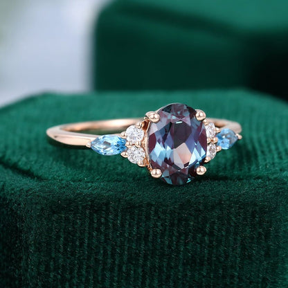 Gold Alexandrite, Blue Topaz, and Diamond Cluster Ring